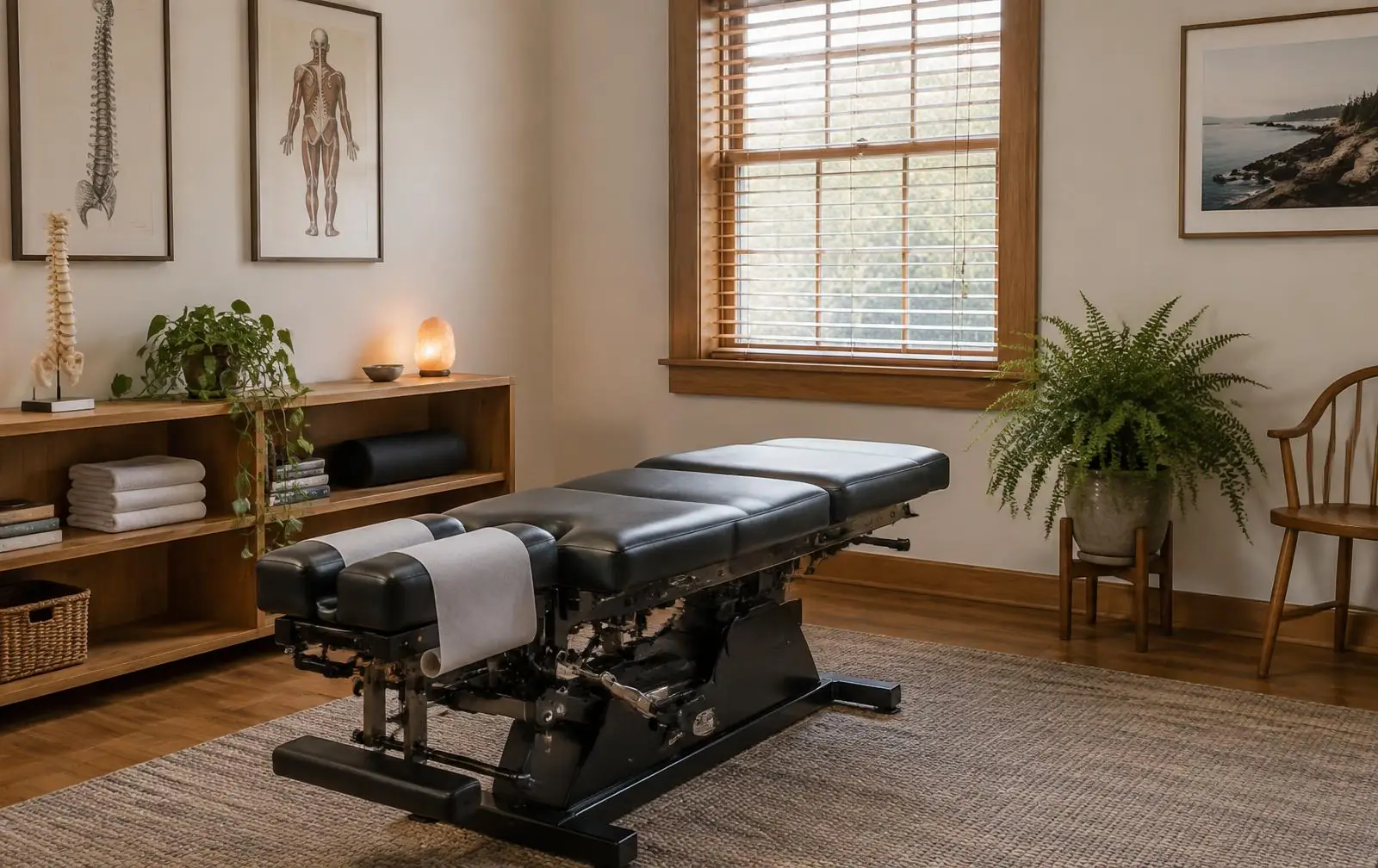 Quiet treatment room at Bard Chiropractic with an adjusting table and morning light