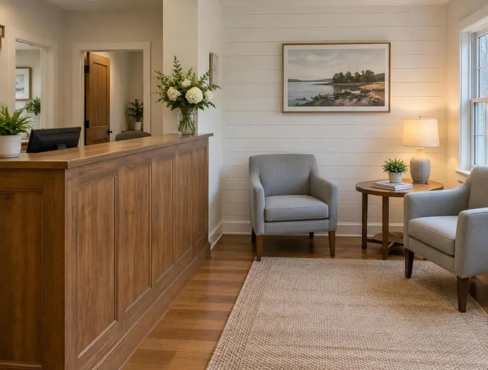 Small reception area of a New England chiropractic office with wood floors and daylight