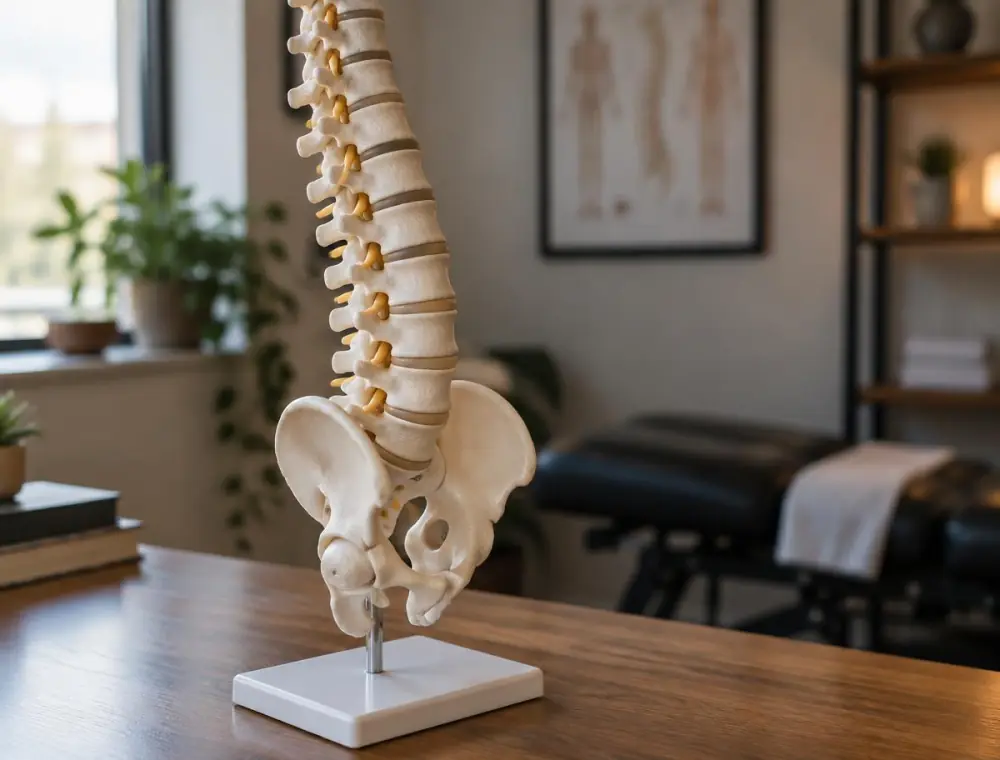 Anatomical spine model on a desk in a chiropractic office